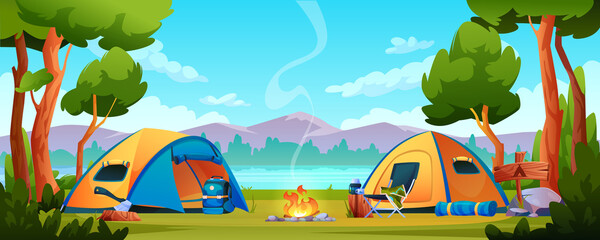 Campfire, camping hiking tents forest nature scenery, river or lake, mountains on background. Vector bonfire, tourist travel equipment, campsite with shelters, trekking tools, chair and ax, rucksack