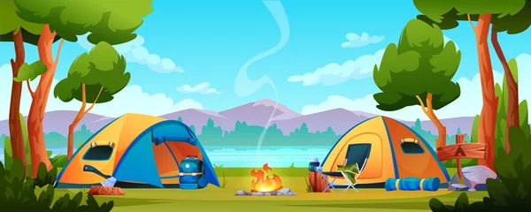 Poster Campfire, camping hiking tents forest nature scenery, river or lake, mountains on background. Vector bonfire, tourist travel equipment, campsite with shelters, trekking tools, chair and ax, rucksack © Sensvector
