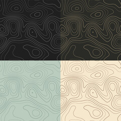 Fototapeta na wymiar Topography patterns. Seamless elevation map tiles. Captivating isoline background. Cool tileable patterns. Vector illustration.
