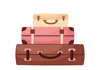 Set of vintage suitcases in cartoon style. Stylish retro travel bags. Vacation and Vacation Baggage Isolated on White Background
