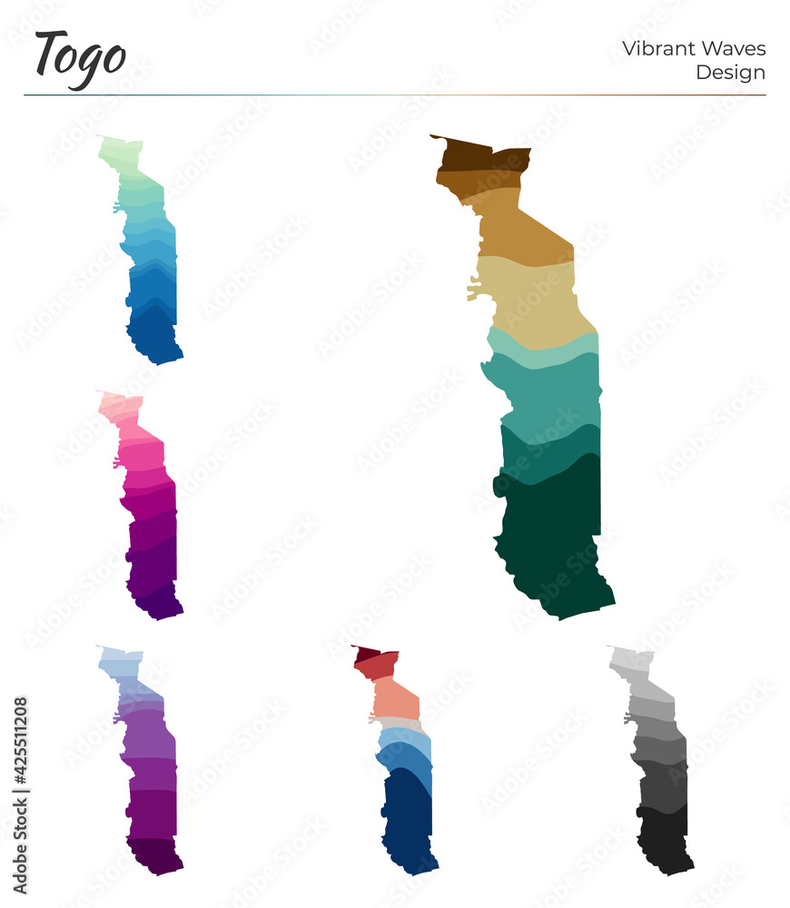 Poster set of vector maps of togo. vibrant waves design. bright map of country in geometric smooth curves s