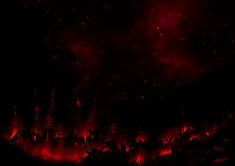 Fototapeta na wymiar 夜に星空の下で燃える廃墟の街真紅のイラスト