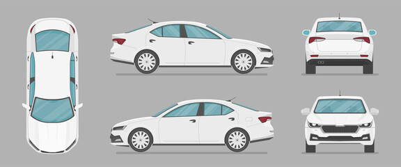 Car in different view. Front, back, top and side car projection. Flat illustration for designing. Vector sedan auto. - obrazy, fototapety, plakaty