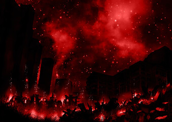 夜に星空の下で燃える廃墟の街の赤いイラスト