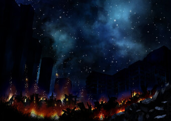 Fototapeta na wymiar 夜に星空の下で燃える廃墟の街