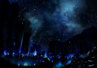夜に星空の下で青い炎で燃える廃墟の街