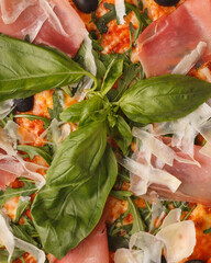 Meat Italian pizza.Pizza round with filling. Restaurant menu