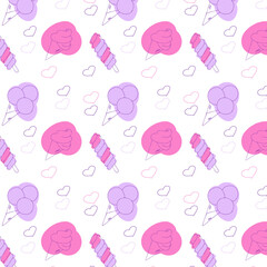 Seamless pattern of ice creams of different shapes in pink and purple colors. Cartoon style vector illustration.