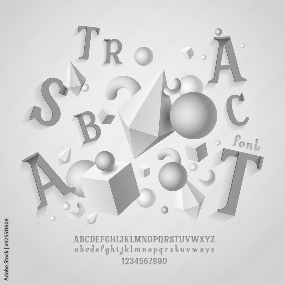 Fototapete trendy slab serif font, 3d modern alphabet, uppercase and lowercase letters from a to z and numbers 