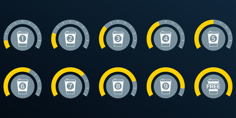 Coffee loyalty card concept with take away coffee cup icons. Buy 9 cups and get 1 for free. Cafe beverage promotion design template. Vector illustration.