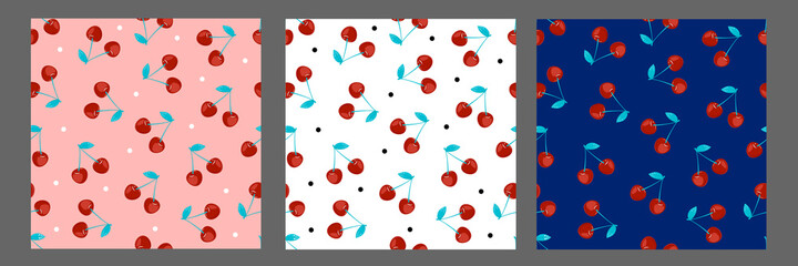 
Set
 patterns with cherries on a blue, pink and white background. Vector pattern with cherries. Web