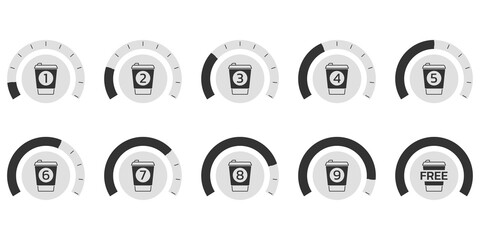 Coffee loyalty card concept with take away coffee cup icons. Buy 9 cups and get 1 for free. Cafe beverage promotion design template. Vector illustration.