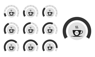 Coffee loyalty card concept with coffee cup icons. Buy 9 cups and get 1 for free. Cafe beverage promotion design template. Vector illustration.