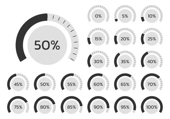 Percent chart set. Percentage gauge meter for business infographics. Loading speedometer with progress bar. Vector illustration. - obrazy, fototapety, plakaty