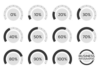 Percent chart set. Percentage gauge meter for business infographics. Loading speedometer with progress bar. Vector illustration.