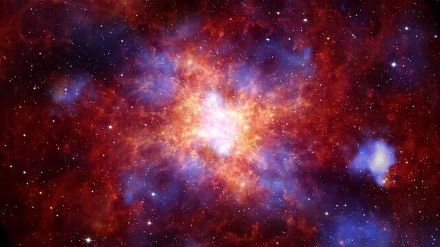 Loop Space Flight deep space exploration travel to The Tarantula Nebula also known as 30 Doradus, H II region in the Large Magellanic Cloud. 4K 3D looping space exploration. Furnished by NASA image.