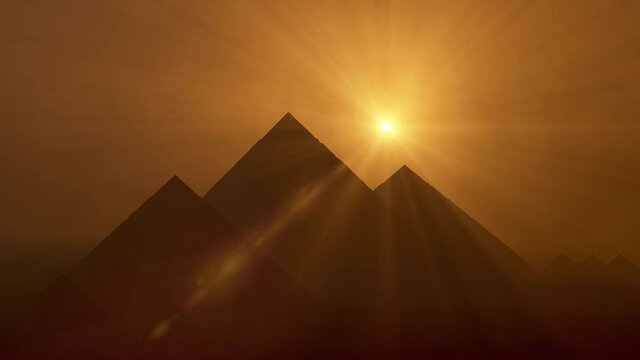 Sunrise over Great Giza pyramids of Khufu, Menkaure and Khafre, Cairo, Egypt. Cairo, Giza Egypt. 3d animation.