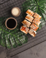 Different rolls and sushi. Asian cuisine.
