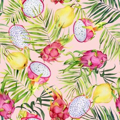 Watercolor fruits pattern on pink. Pears and quince handdrawn fresh yellow fruits. Colorfull bright summer seamless background for textile, wallpapers, print and banners.