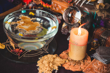 Magic illustration, Mystical atmosphere, stuff on the table, esoteric concept, fortune telling and predictions	