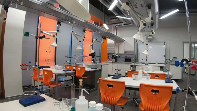 Chemistry class at school. An empty, clean laboratory in a university college science classroom. Laboratory for chemical experiments in the laboratory room.