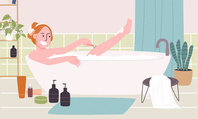 Flat style vector illustration of cartoon woman character take a bath in bathtub and shaving her legs in bathroom. Morning and night routine. Self caring ,cleaning, beauty at home.