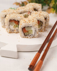 Different rolls and sushi. Asian cuisine.