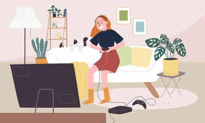 Flat style vector illustration of cartoon woman character playing game in living room. Daily life activity during quarantine. Concept of hobby ideas that can do at home. 