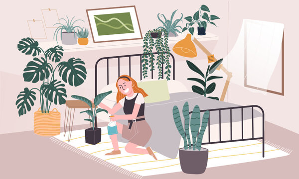 Flat style vector illustration of cartoon woman character taking care of house plant in bedroom. Daily life activity during quarantine. 