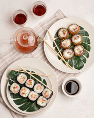 Different rolls and sushi. Asian cuisine.