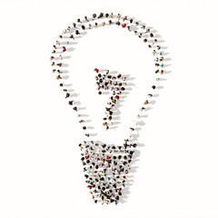 Concept or conceptual large community of people forming  a  lightbulb image on white background. A 3d illustration metaphor for inspiration, brainstorming, invention, energy-saving, power, electricity