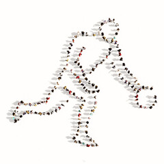 Concept or conceptual large community of people forming the image of a basketball player on white background.  A 3d illustration metaphor for sport, competition, training, relaxation, family and fun