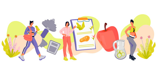 Healthy diet and weight loss banner with female characters, flat vector illustration isolated on white background. Diet and sport workout planning, healthy lifestyle.