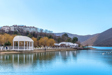 Panoramic view of Lake Abrau Durso in Krasnodar Krai, Russia.