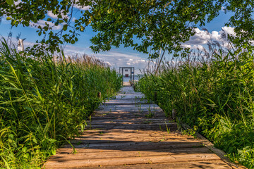 A jetty with a closed gate and the Steinhuder Meer in the background, seen in Mardorf, Lower Saxony, Germany