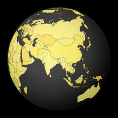 Bhutan on dark globe with yellow world map. Country highlighted with blue color. Satellite world projection centered to Bhutan. Artistic vector illustration.