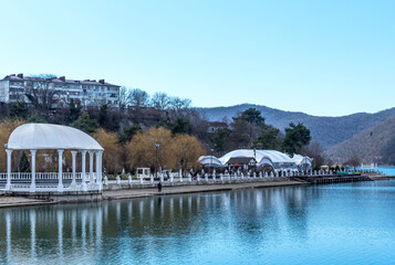 Panoramic view of Lake Abrau Durso in Krasnodar Krai, Russia.