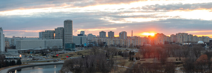 Minsk roofs of houses at sunset