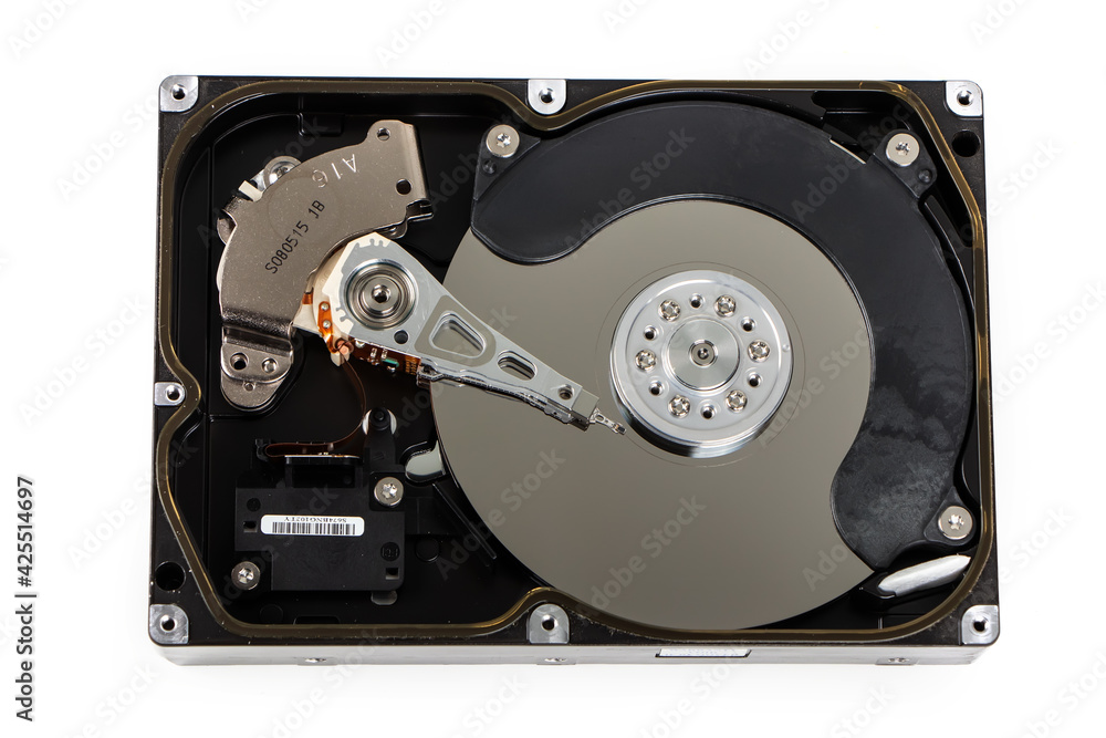 Poster close up inside of computer hard disk drive hdd isolated on white background