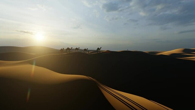 Arab man walks toward his camels in the desert with dunes and bright sun