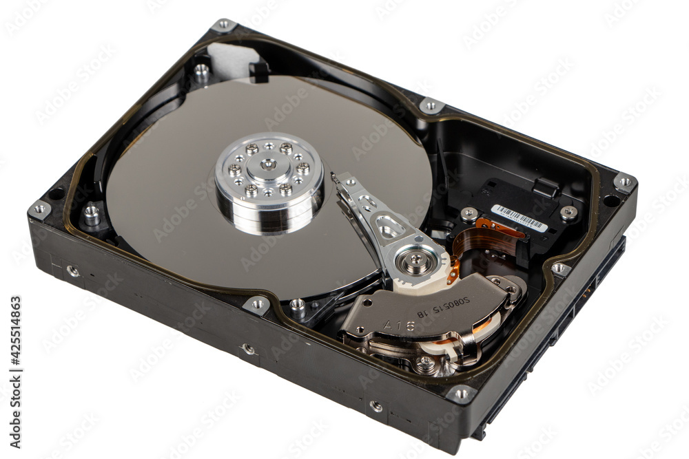 Poster close up inside of computer hard disk drive hdd isolated on white background