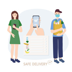 The concept of safe home delivery. Courier holds a bag of food, hands the customer fast food. Man in a mask and glove, protection from viruses. Online grocery store. Flat vector illustration