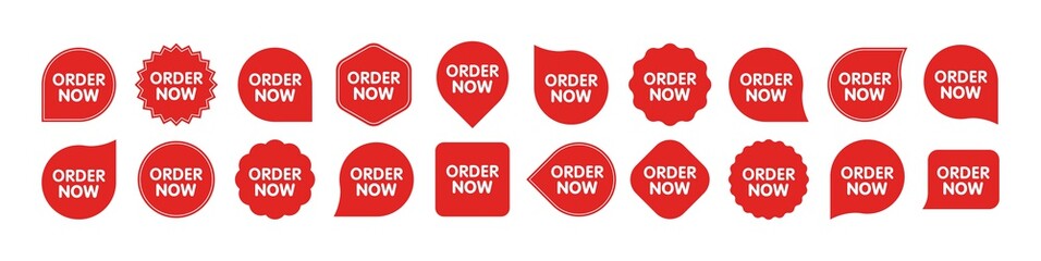 Set of Order Now badges. Sale quality tags and labels. Template banner shopping badges. Special offer, buy now, sale, discount, shop, black friday. Vector illustration.