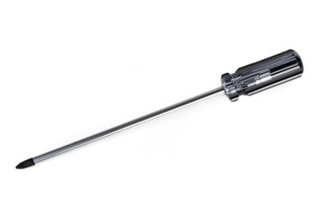 Extra long flat tip metal screwdriver, isolated on white