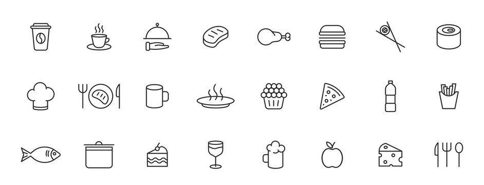 Set of 24 Food and Drink web icons in line style. Coffe, water, eat, restaurant, fastfood. Vector illustration.