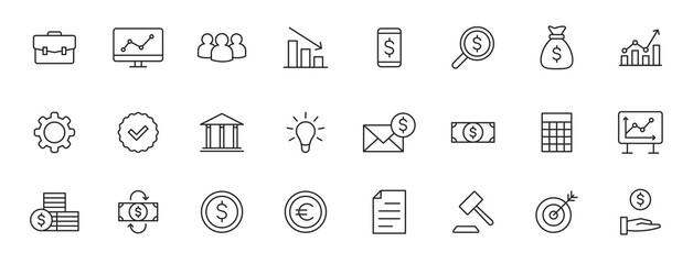 Set of 24 Business and Finance web icons in line style. Money, dollar, infographic, banking. Vector illustration.