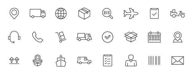 Set of 24 Delivery and logistics web icons in line style. Courier, shipping, express delivery, tracking order, support, business. Vector illustration.