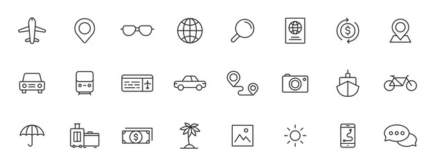 Set of 24 Travel and Holiday web icons in line style. Transport, Luggage, food, navigation, holiday. Vector illustration.