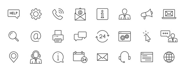 Set of 24 Support and Help web icons in line style. Assistance, email, customer, 24 hrs, service, contact. Vector illustration.