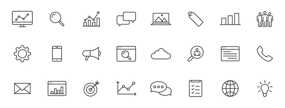 Set of 24 SEO and Development web icons in line style. Contact, Target, Website. Vector illustration.